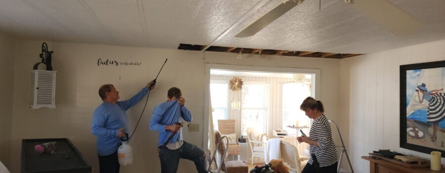 Hidden ceiling mold remediation following hurricane water damage in Sarasota, Florida, including selective ceiling demolition, structural cleaning, antimicrobial treatment, and controlled structural drying.