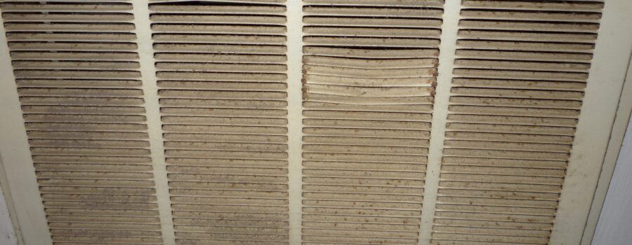 HVAC air handler component with accumulated dust and debris before professional air handler and air duct cleaning in Paver Park Sarasota Florida